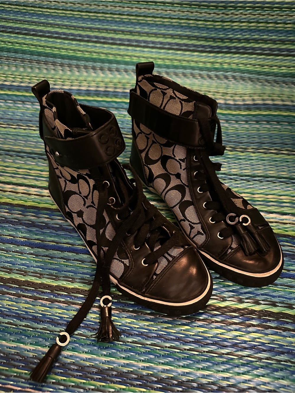 Coach Black and Gray Signature High-Top Sneakers with Tassels